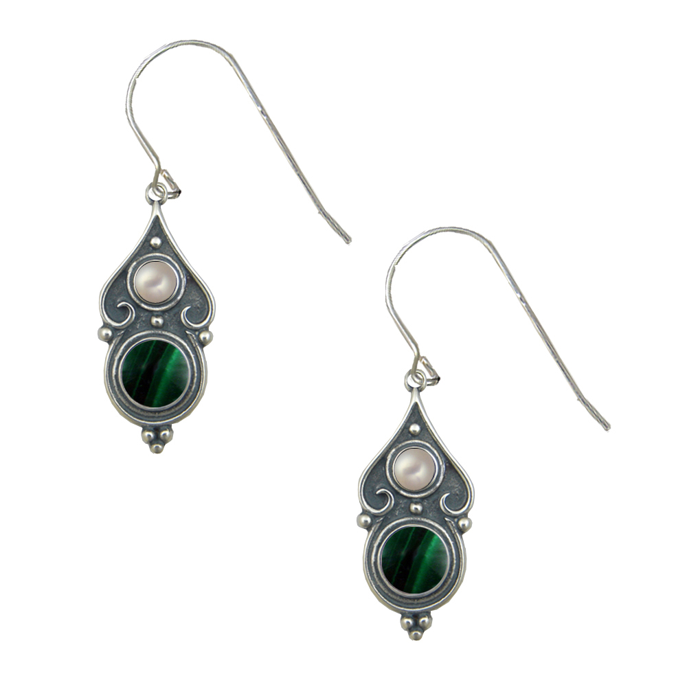 Sterling Silver Designer Post Stud Earrings With Malachite And Cultured Freshwater Pearl